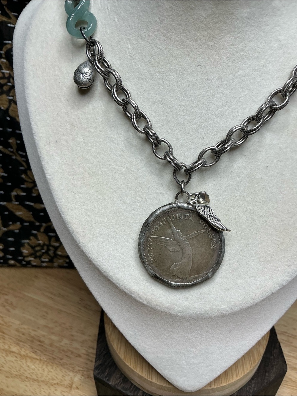 Antique Silver Rollo Necklace 17” with Angel Coin and Blue Water Jade Connectors - Picture 5 of 10